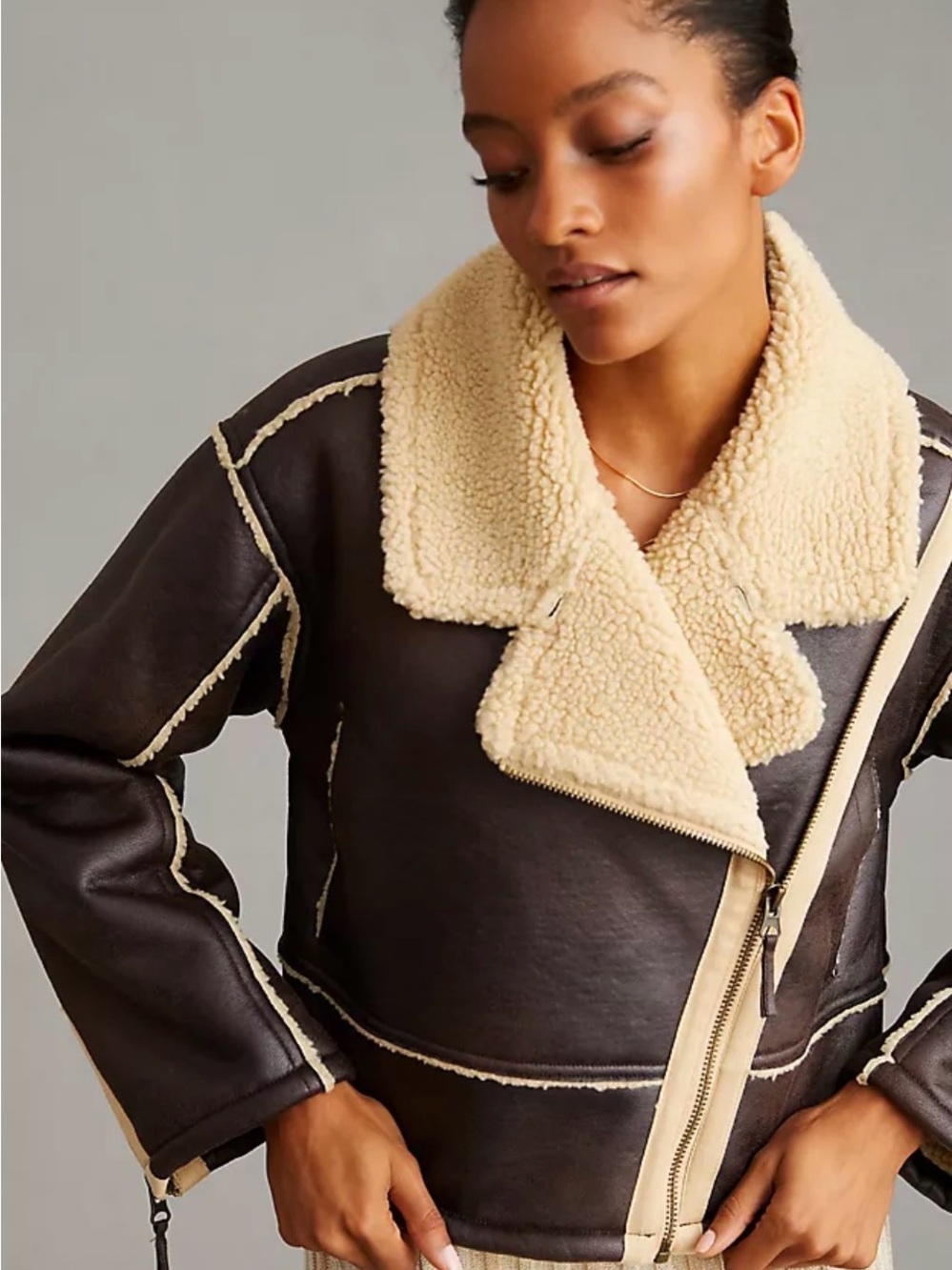 Anthropologie Pilcro Faux Leather Sherpa-Lined Aviator Moto Rich Brown Jacket L